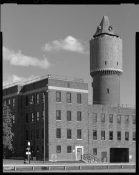 Black and white photograph of the water tower at the Kalamazoo State Hospital